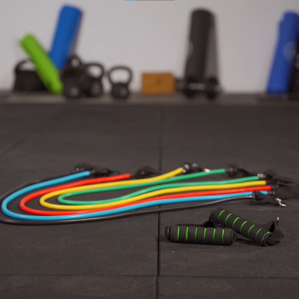 Tube-Set PRO - hochwertiges 5-in-1 Set Fitnessbänder mit Griffen und Türanker - muskelzone